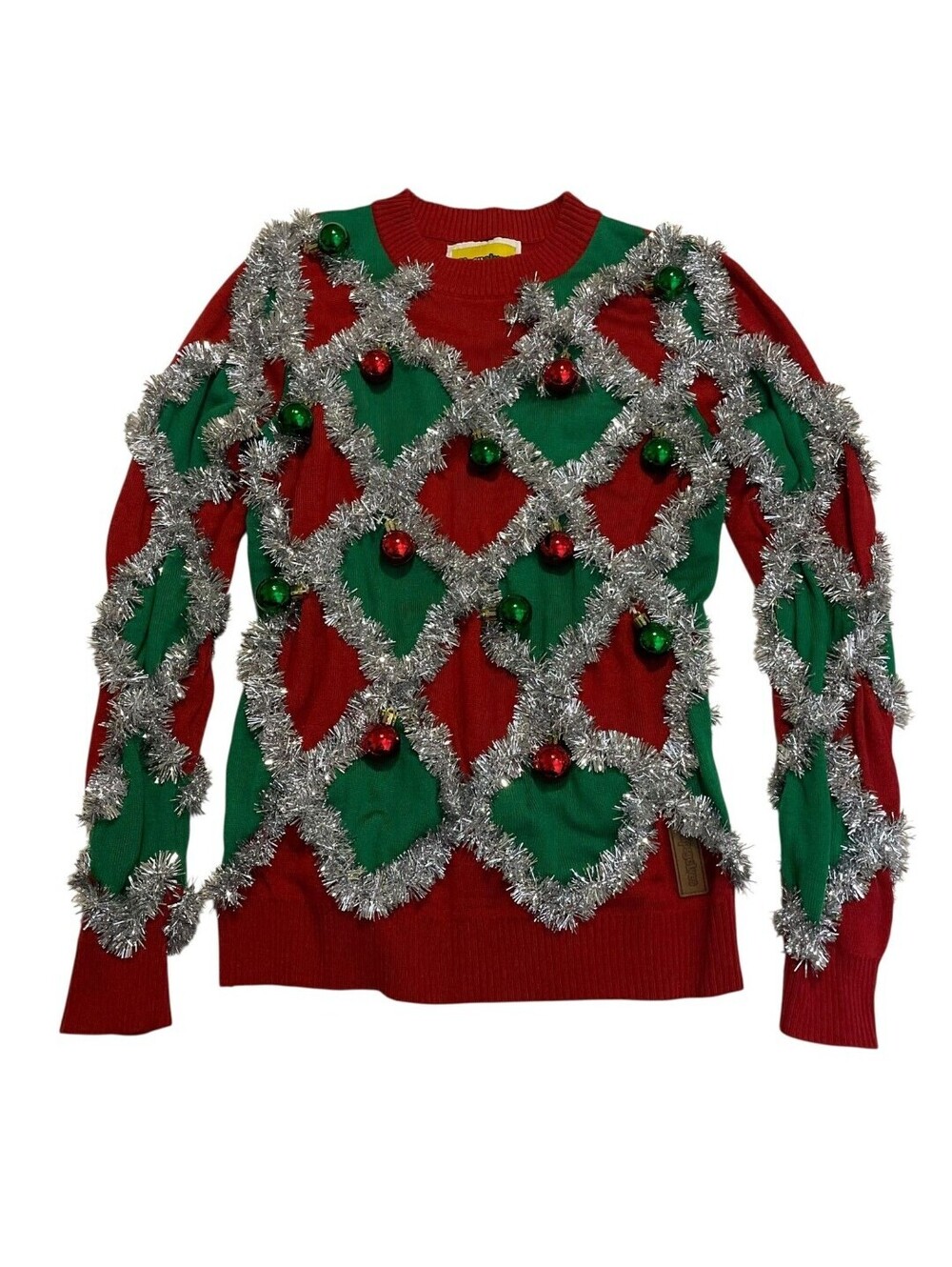 Tipsy Elves Sweater Small Red Green Tinsel Ornament Ugly Christmas Holiday